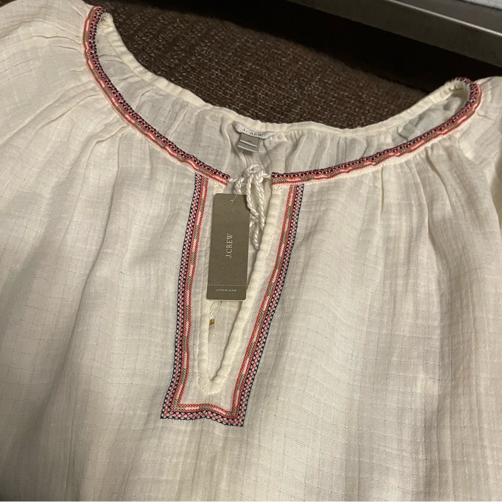 J. Crew Cream Blouse with Purple Embroidery